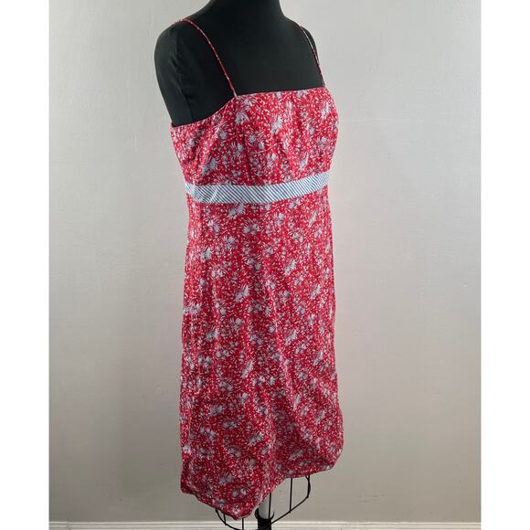 VTG Ann Taylor Red Blue Cami Dress Cotton Floral Print Square Back Tie Size 12 - Picture 4 of 9